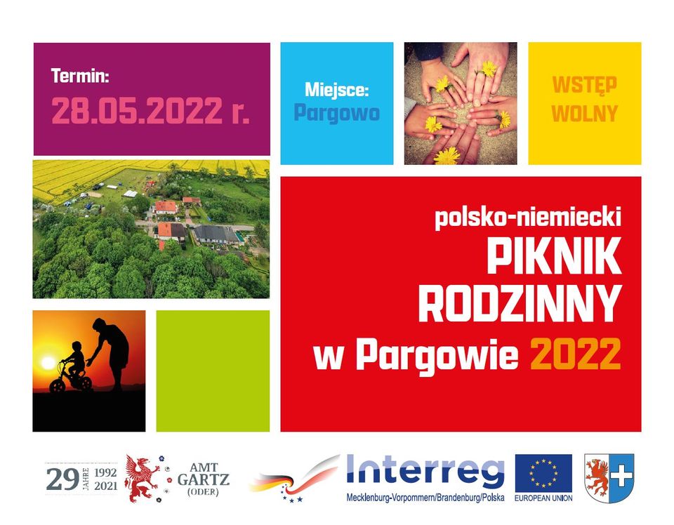 Plakat promujący wydarzenie pn. "Polsko-niemiecki piknik rodzinny w Pargowie 2022/ Polnisch-deutsches Familienpicnic in Pargowo 2022"