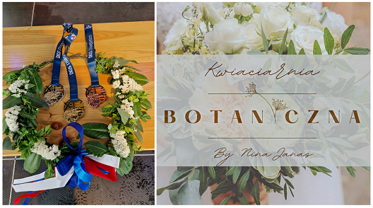 Winiec wraz z medalami XI Ćwierćmaratonu Bielika oraz logo kwiaciarni Botaniczna 