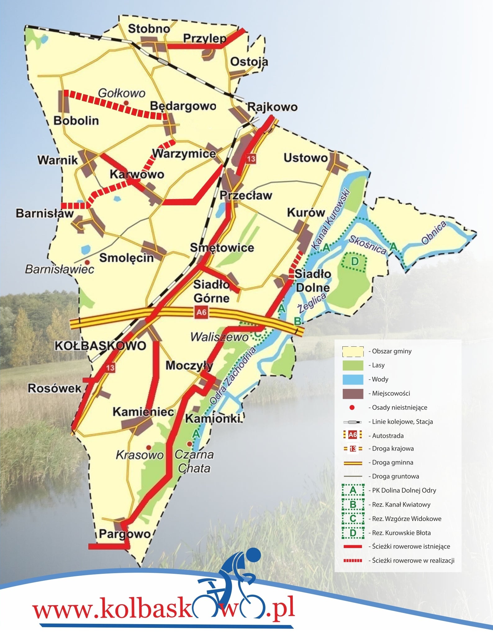mapa ścieżek rowerowych na ternie gminy Kołbaskowo