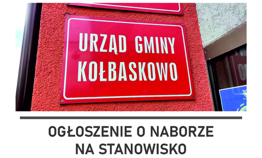 Ogłoszenie o naborze na stanowisko, na grafice znajduje się czerwona tablica z napisem Urząd Gminy Kołbaskowo