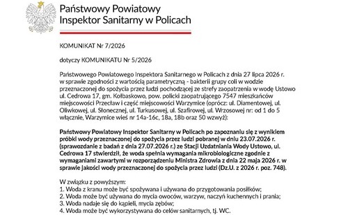 KOMUNIKAT Nr 7/2026 Państwowego Powiatowego Inspektora Sanitarnego w Policach z dnia 27 lipca 2026 r.
